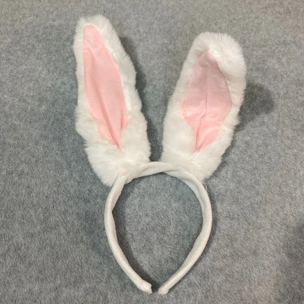 Bunny Ears Headband Poseable Plush White‎ Pink Faux Fur Easter Costume Party New